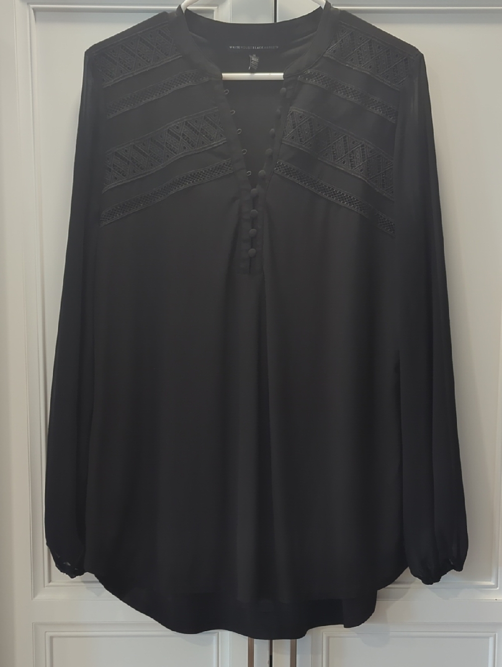 White House Black Market Black Long-Sleeve Lace Yoke Blouse